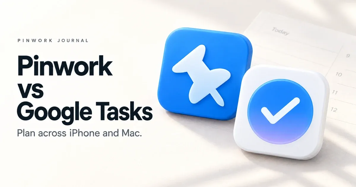 Pinwork and Google Tasks app icons on a softly lit planner