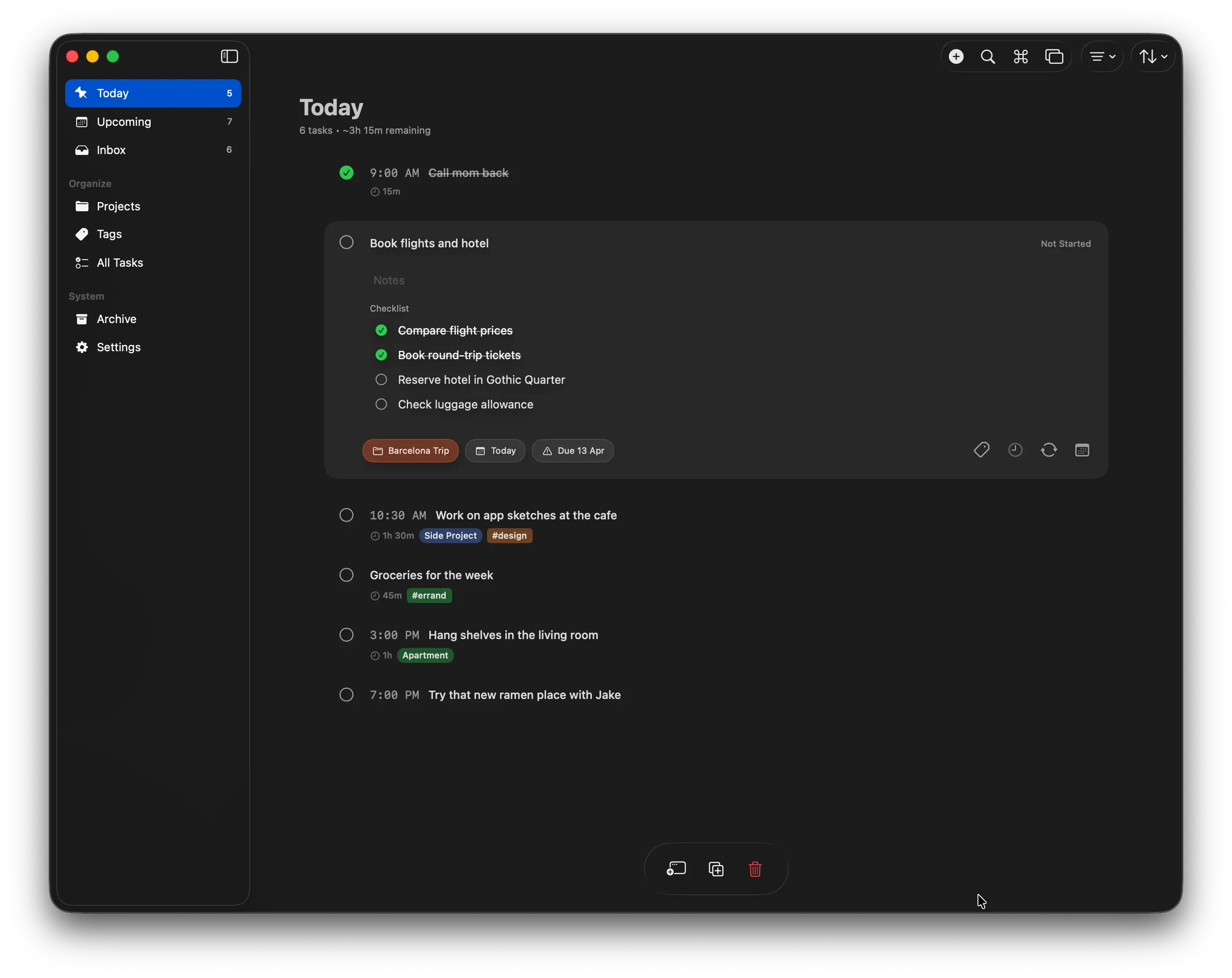 Pinwork task list in dark mode on macOS