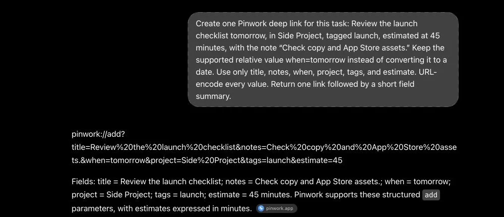 ChatGPT returning one encoded Pinwork link and a summary of its title, notes, schedule, project, tag, and estimate.