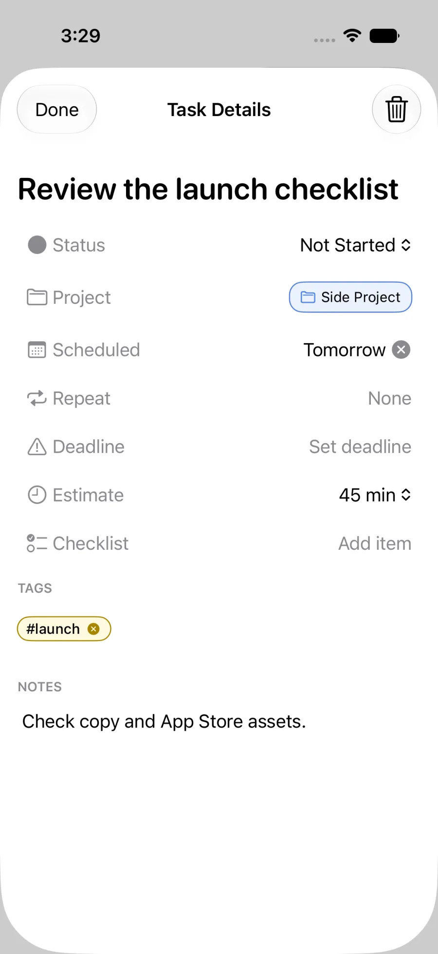 Pinwork task details opened for review after tapping a structured link: Review the launch checklist, Side Project, scheduled tomorrow, 45-minute estimate, launch tag, and a note.