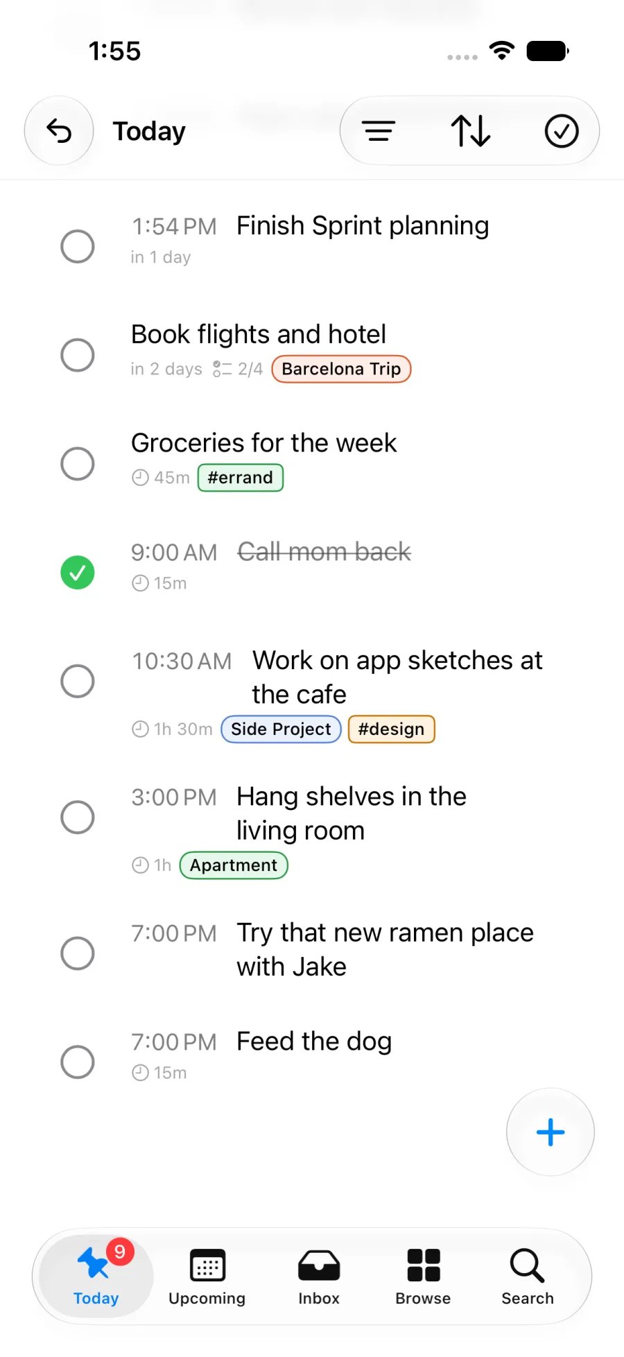 The Today list after saving: Feed the dog scheduled at 7:00 PM with a 15-minute estimate.