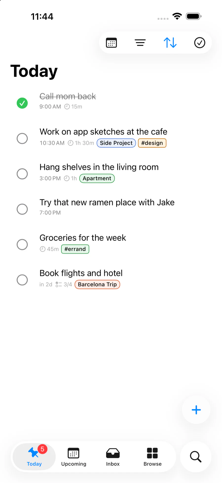 The Pinwork Today list sorted by When, with timed tasks from 9:00 AM through 7:00 PM above untimed tasks.