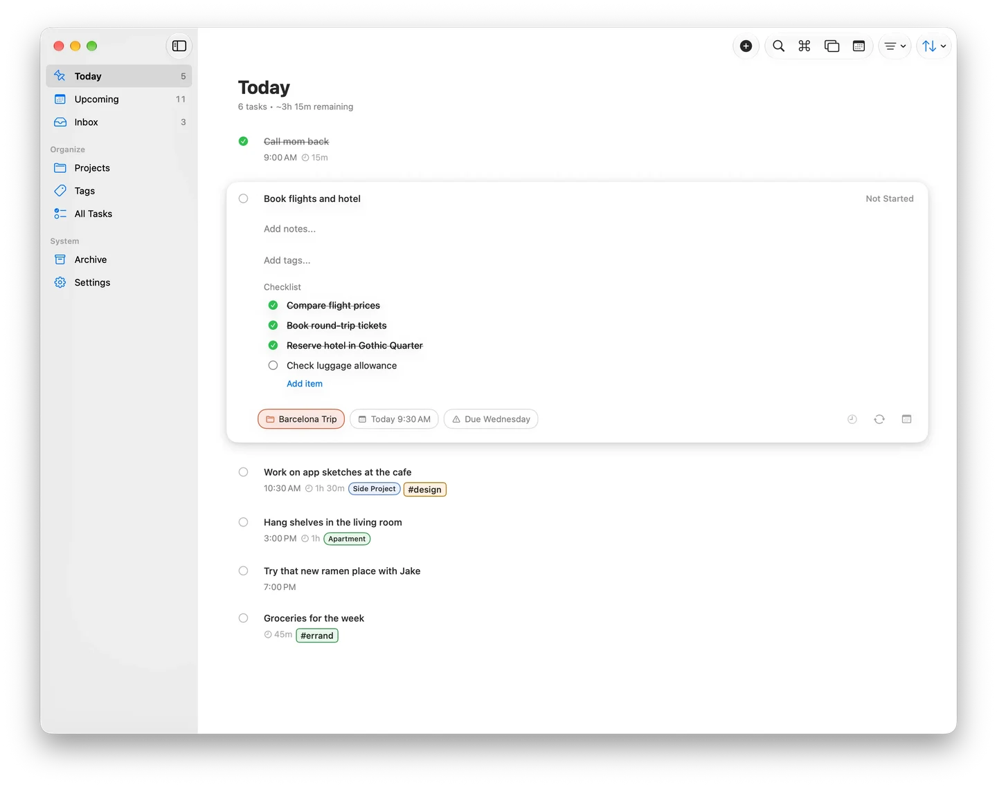 Pinwork Today on Mac showing project and tag labels, task estimates, and an expanded task with checklist items.