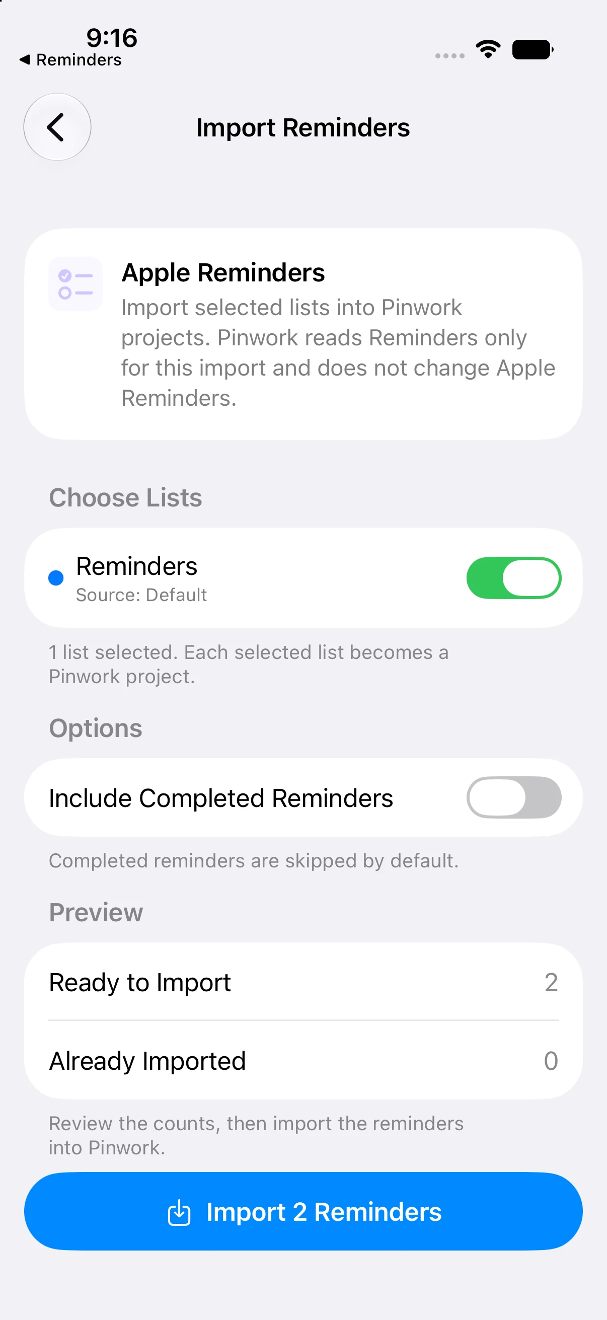 The Pinwork Reminders importer with one Apple Reminders list selected and two reminders ready to import.