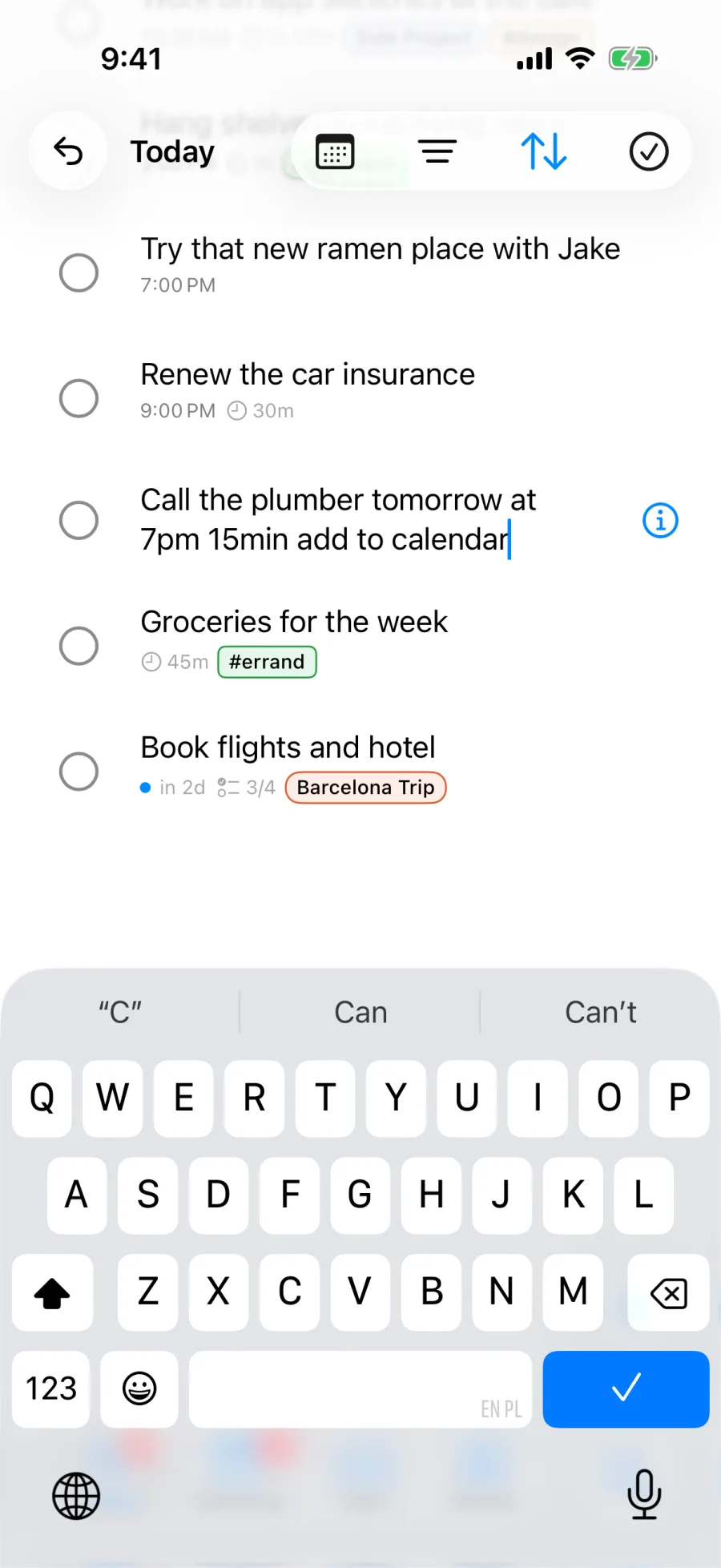 The sentence Call the plumber tomorrow at 7pm 15min add to calendar typed into a new task row in Pinwork's Today list, keyboard open.