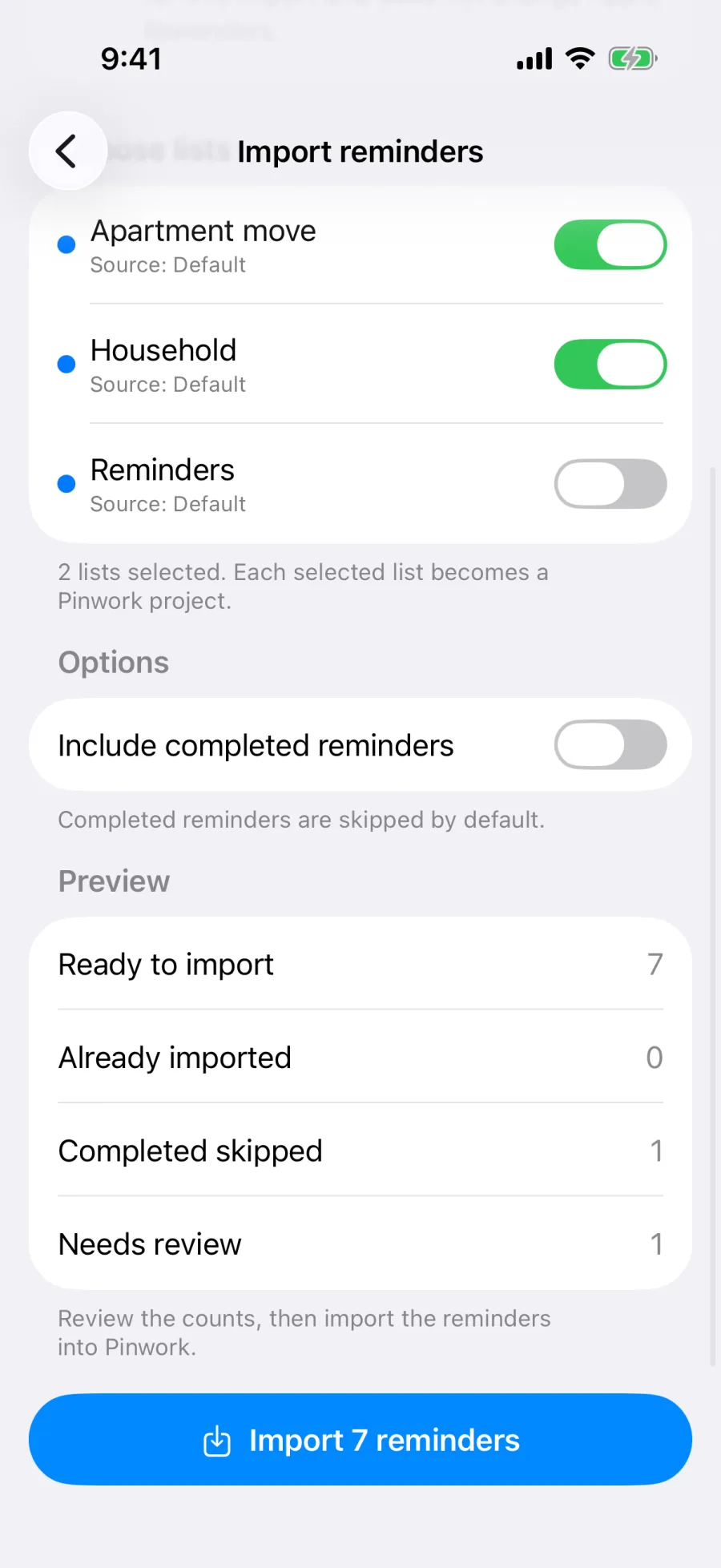 The Import reminders screen with two lists selected and a preview reading Ready to import 7, Already imported 0, Completed skipped 1, Needs review 1, above an Import 7 reminders button.