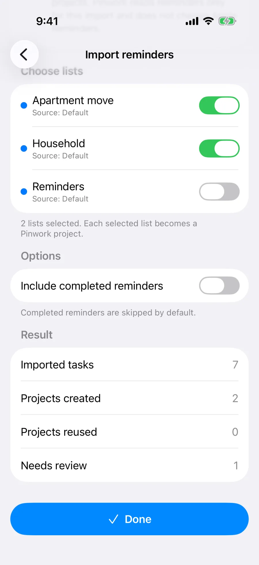 The import result: Imported tasks 7, Projects created 2, Projects reused 0, Needs review 1.