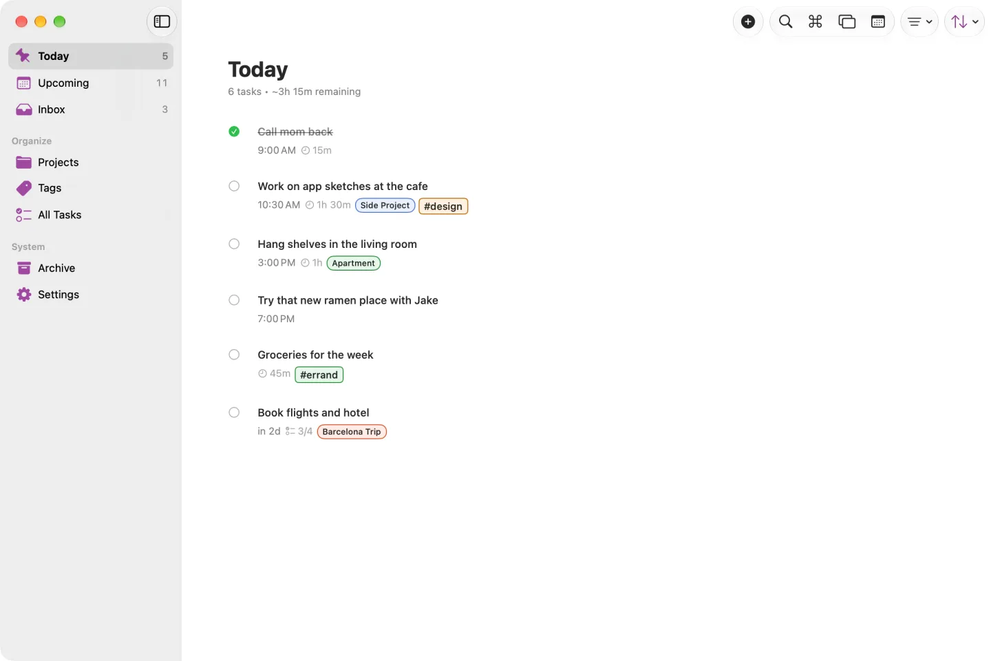 The Pinwork Mac app showing the Today list beside a sidebar with Today, Upcoming, Inbox, Projects, Tags, All Tasks, Archive, and Settings.