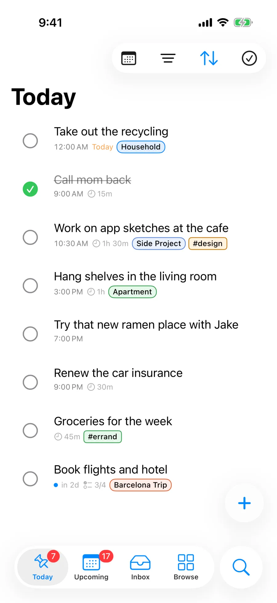 Pinwork's Today list opened afterwards, with Renew the car insurance at 9:00 PM and a 30 minute estimate among the day's tasks.