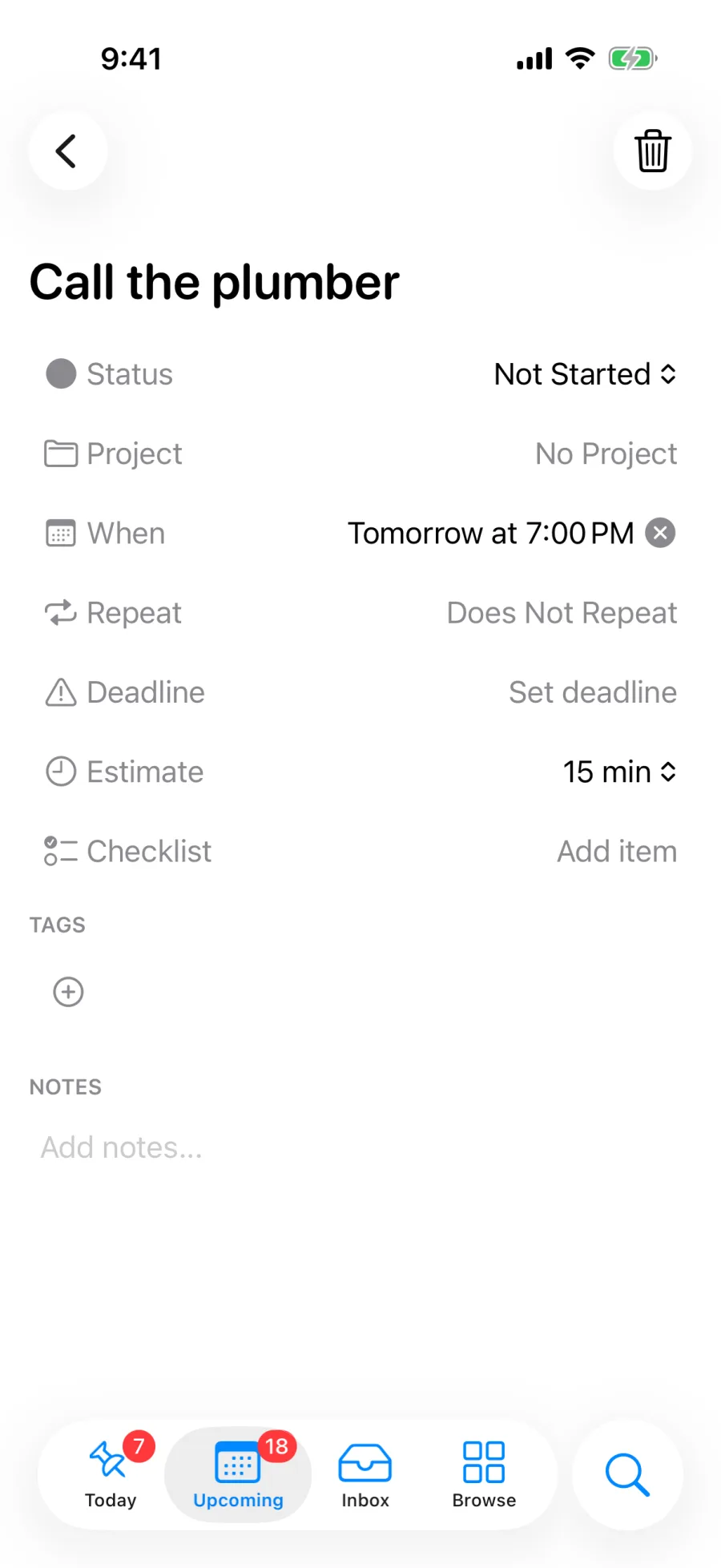 Task details for Call the plumber: status Not Started, When set to Tomorrow at 7:00 PM, Deadline unset, and a 15 min estimate.
