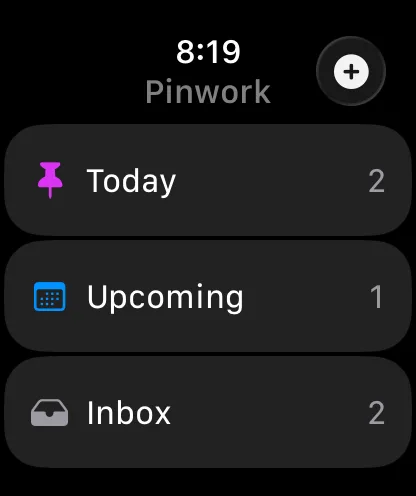 The Pinwork Watch app's home list: Today with 2 tasks, Upcoming with 1, and Inbox with 2, plus an add button.