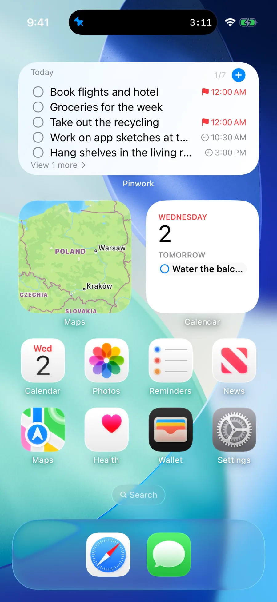 The medium Task Progress widget on the iPhone Home Screen listing five Today tasks with their times, a 1 of 7 counter, and a plus button, while the Dynamic Island shows a running Focus timer.