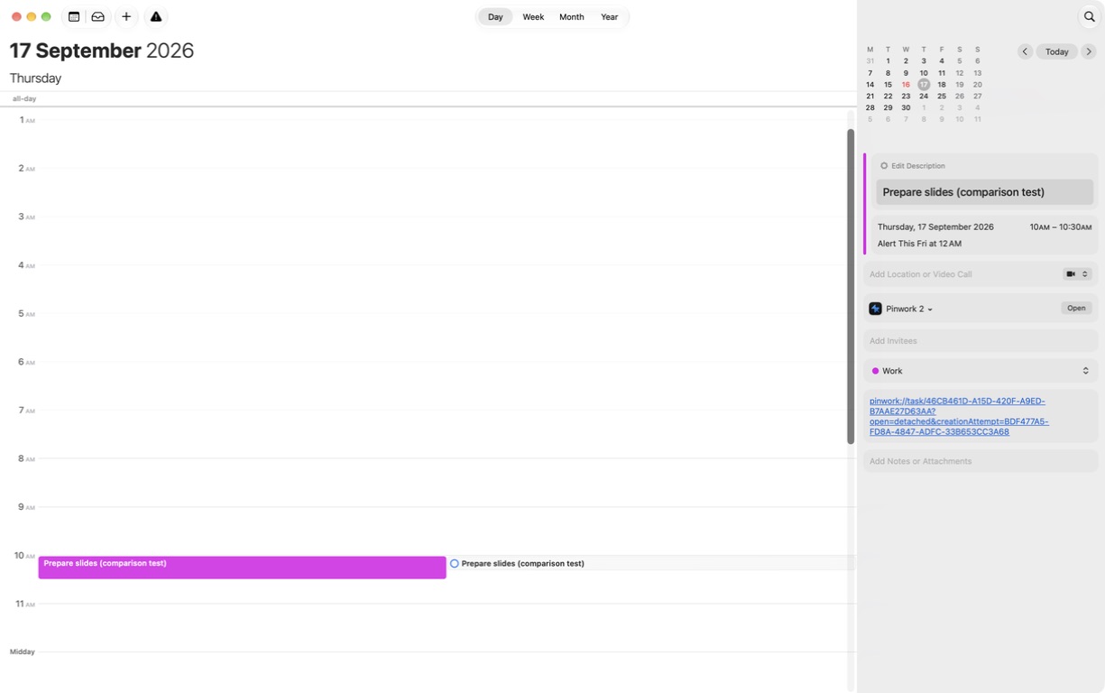 Apple Calendar showing a purple Prepare slides event from 10 to 10:30 AM, with a link back to Pinwork and a separate Apple Reminders task alongside.
