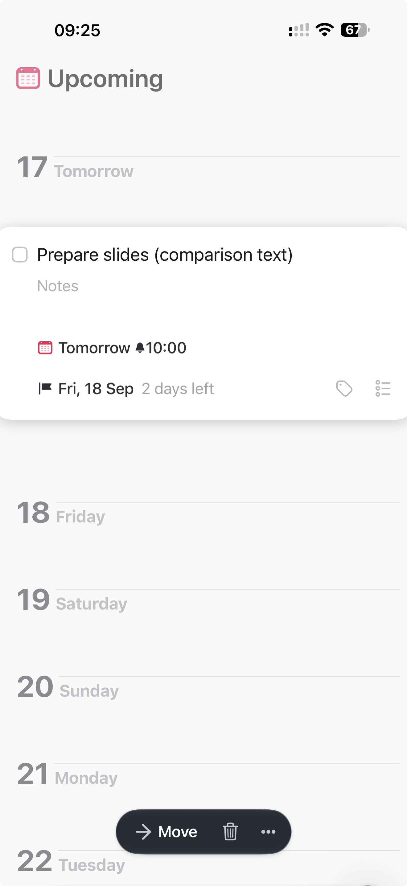 Things on iPhone in light mode showing the saved slides task under September 17, a 10:00 reminder and a Friday September 18 deadline.