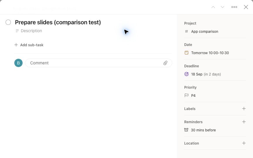Todoist Pro in English showing the saved task from 10:00 to 10:30 on September 17 and a separate September 18 deadline.