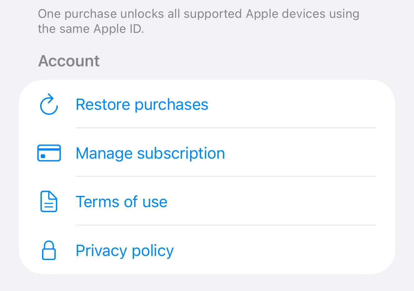 The Account section of Pinwork Access, with the same Apple ID note and Restore purchases.