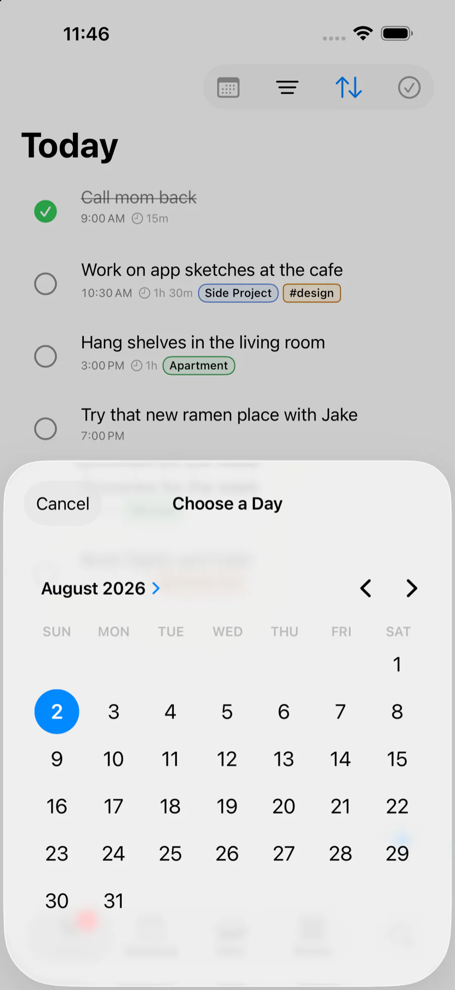 The Choose a Day calendar opened over the Pinwork Today list, with tomorrow available to select.