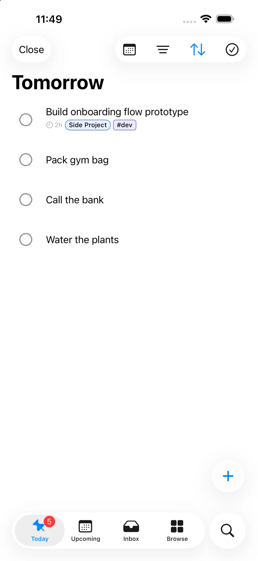 Tomorrow selected in Pinwork, showing four scheduled tasks and the Close button that returns to Today.