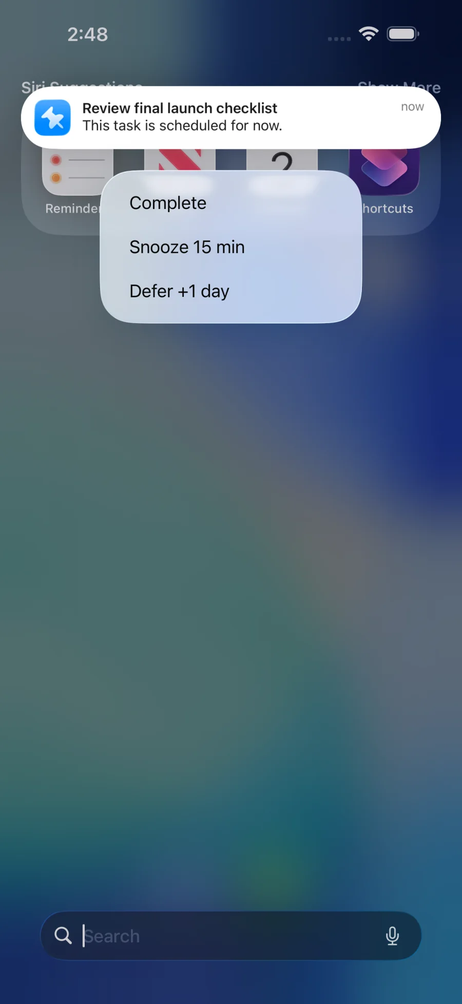 An expanded Pinwork task reminder for Review final launch checklist, showing Complete, Snooze 15 min, and Defer +1 day.