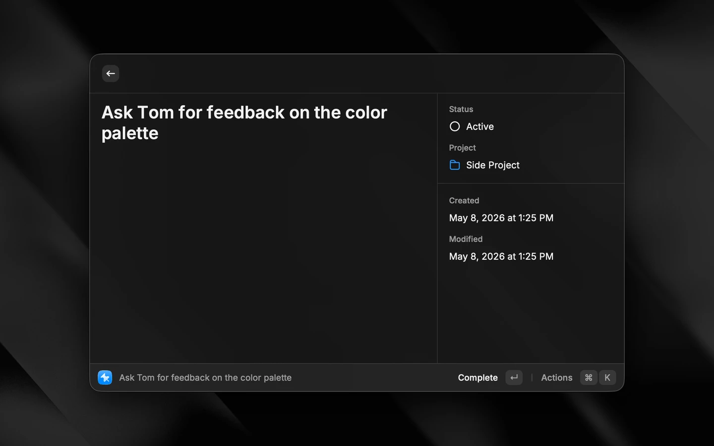 Raycast task details for Ask Tom for feedback on the color palette, showing Active status and the Side Project project.