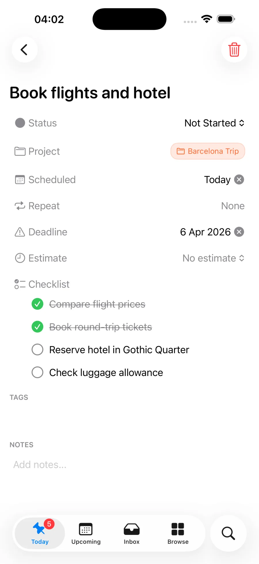 Pinwork task details for Book flights and hotel: the Scheduled field set to Today and the Deadline field set to 6 Apr 2026.
