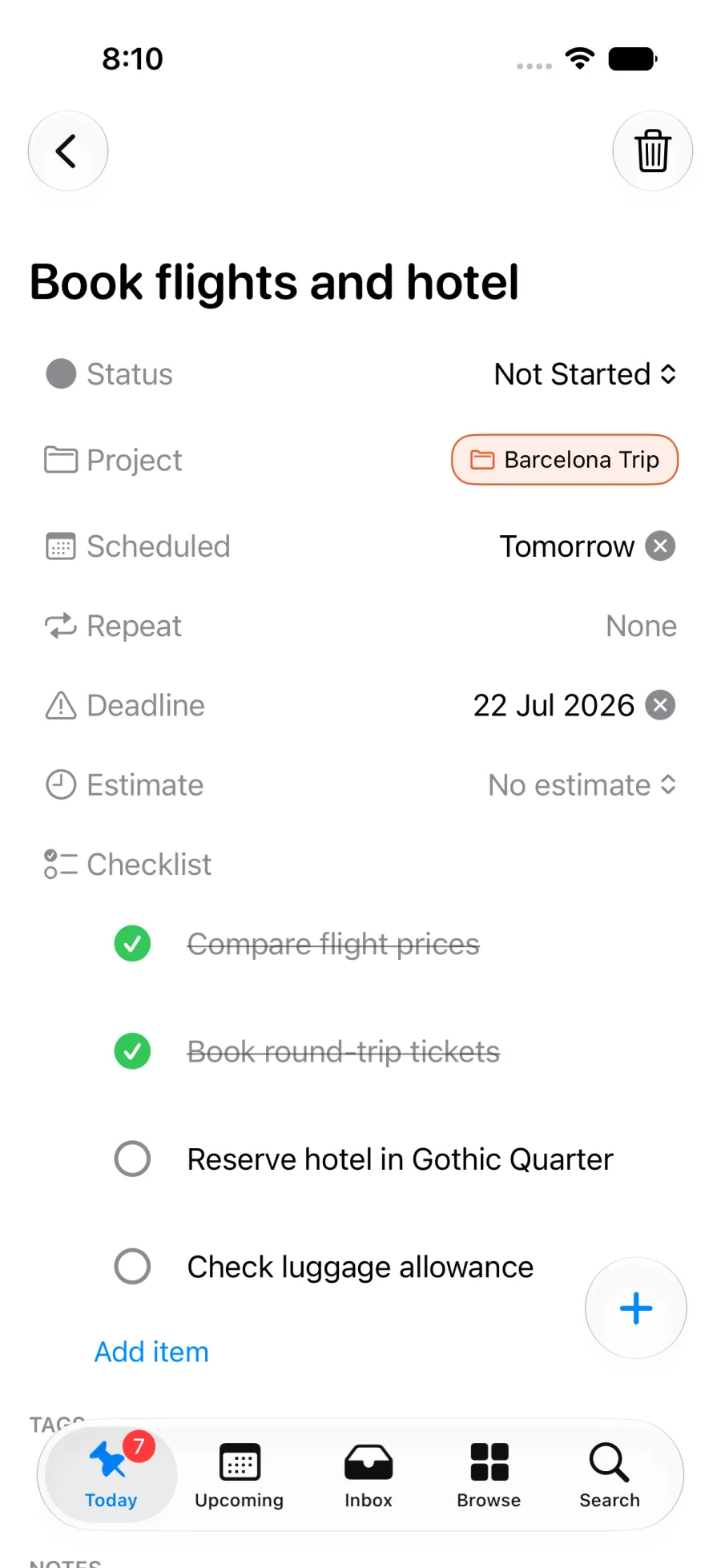 Task details for Book flights and hotel after rescheduling: Scheduled now reads Tomorrow while the Deadline still reads 22 Jul 2026.