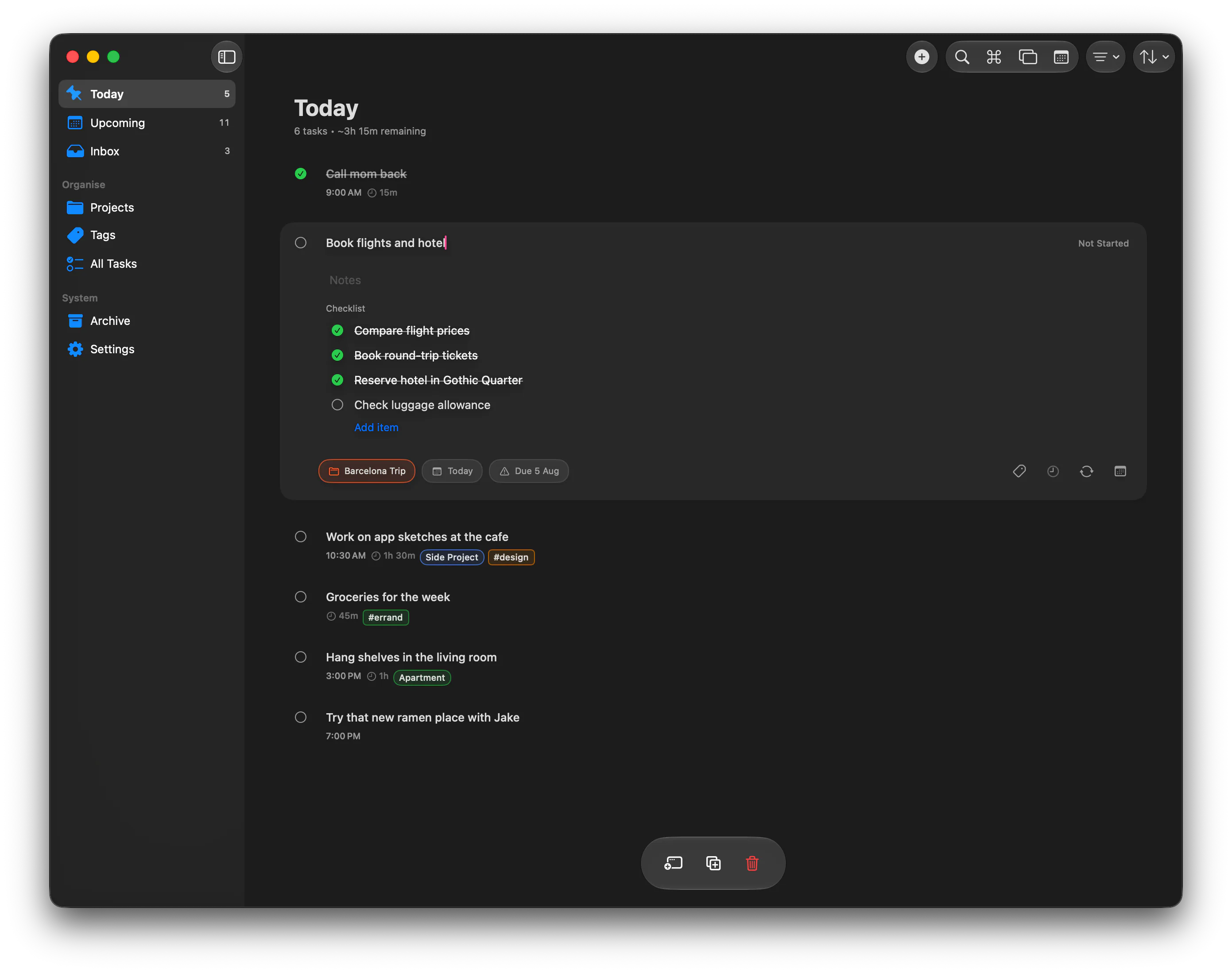 Pinwork Today view with an expanded task in dark mode on macOS