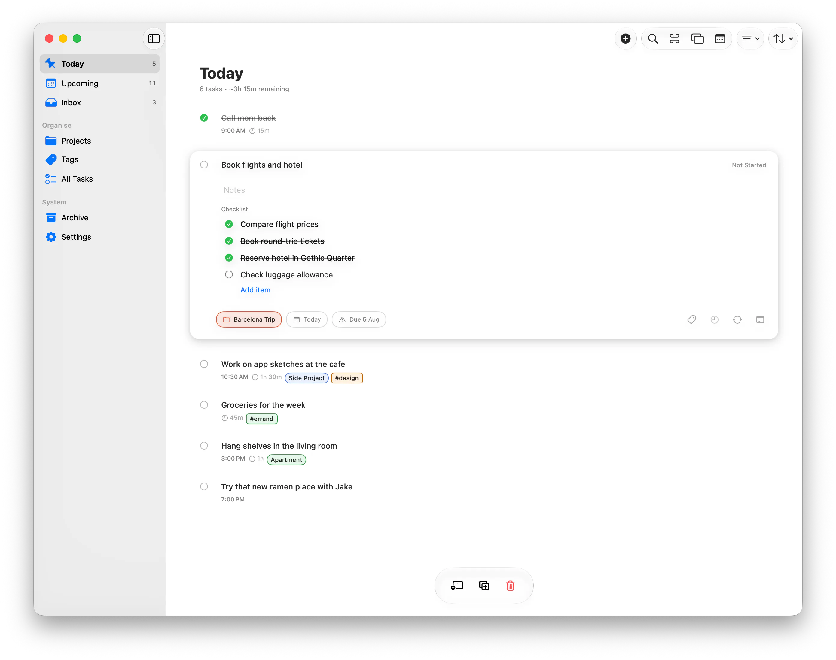 Pinwork Today view with an expanded task on macOS